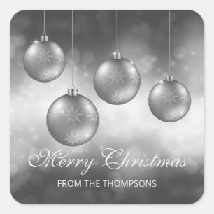 Silver Grey Christmas Baubles With Custom Text Square Sticker