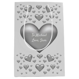 Silver Grey Colour Hearts With Custom Text Medium Gift Bag