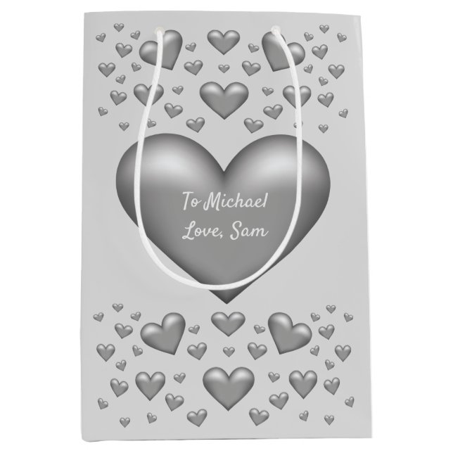 Silver Grey Colour Hearts With Custom Text Medium Gift Bag (Front)