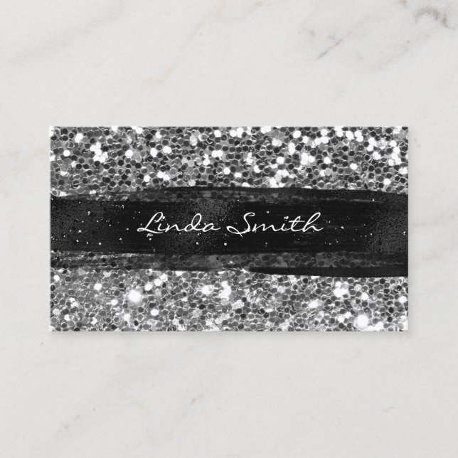 Silver Grey Confetti Glitter Black Brush Strokes Business Card (Front)