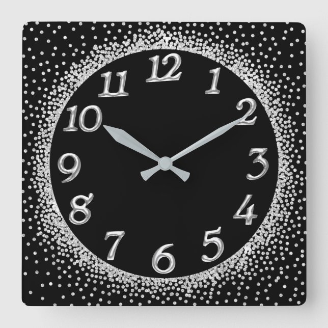 Silver Grey Crystals Confetti Glitter Black Number Square Wall Clock (Front)