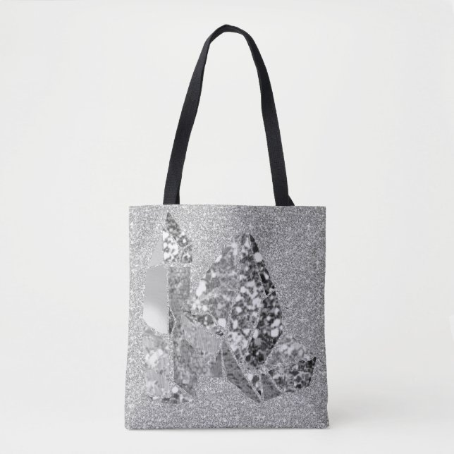 Silver Grey Crystals Faux Glitter Tote Bag (Front)