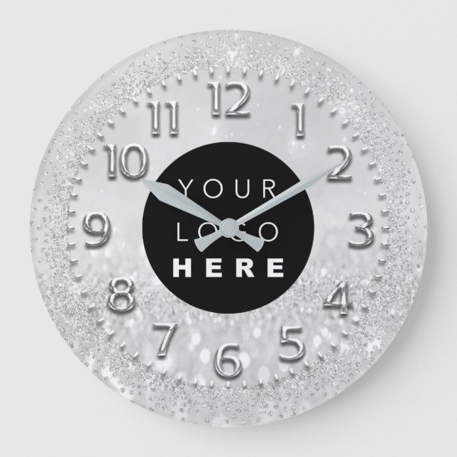 Silver Grey Crystals Glitter Spark Custom Logo Large Clock (Front)