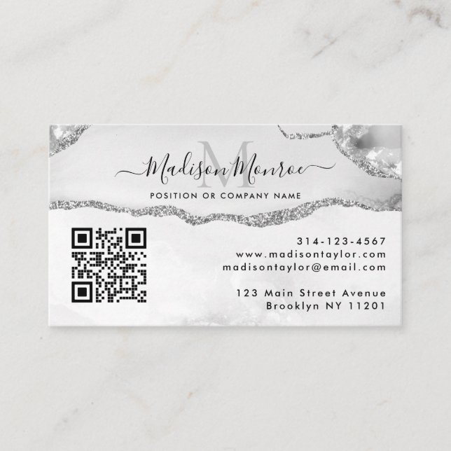 Silver Grey Custom Logo QR Code Agate Monogram Business Card (Front)