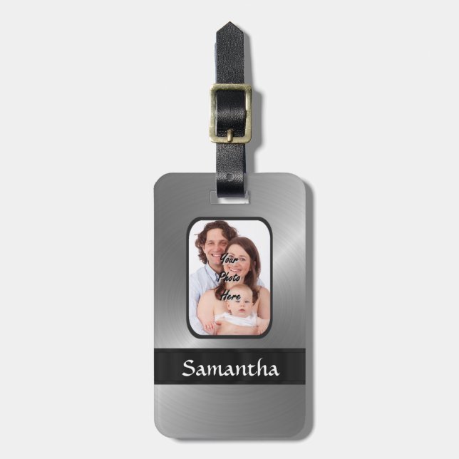 Silver grey custom photo luggage tag (Front Vertical)