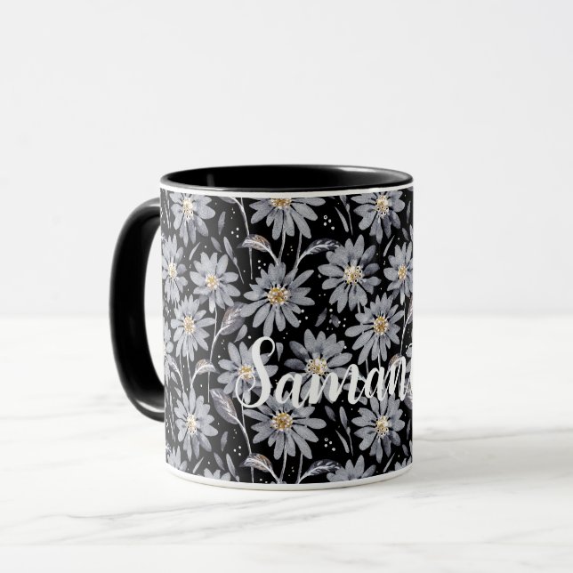 Silver Grey Daisies on Black Customisable Mug (Front Left)