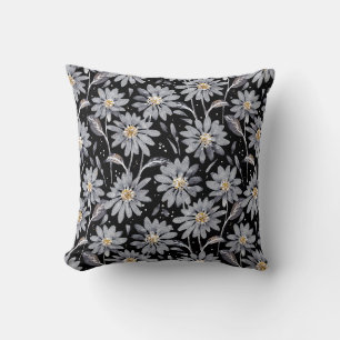 Silver Grey Daisies on Black Reversible Floral Cushion
