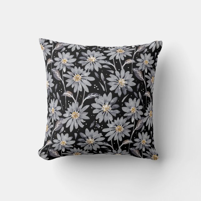 Silver Grey Daisies on Black Reversible Floral Cushion (Front)