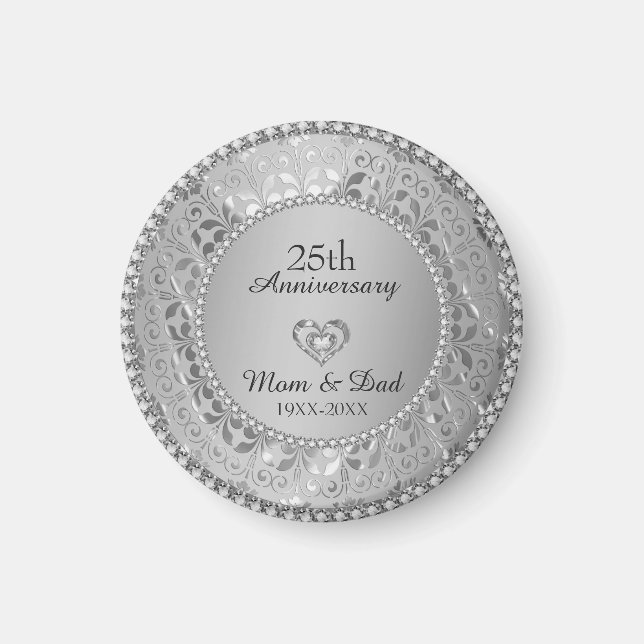 Silver Grey Damask 25th Anniversary Magnet (Front)