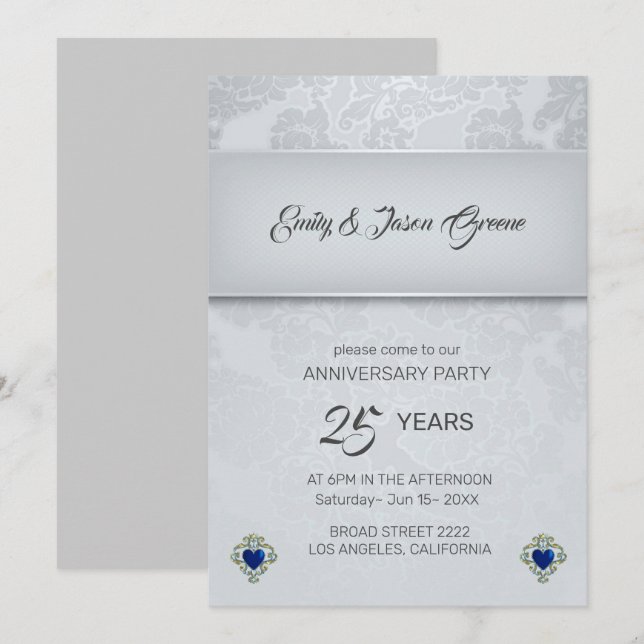 Silver Grey Damask And Blue Hearts Invitation (Front/Back)