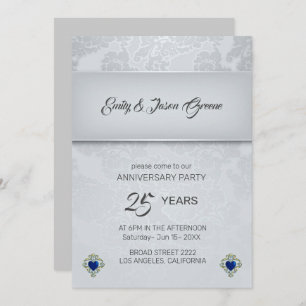 Silver Grey Damask And Blue Hearts Invitation