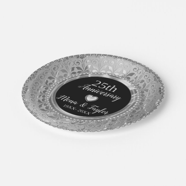 Silver Grey Damask And Heart Paper Plate (Angled)