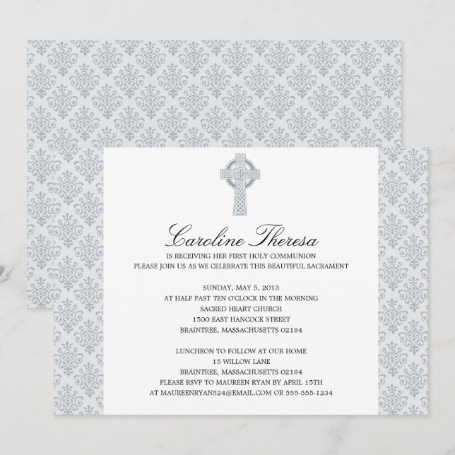 Silver Grey Damask Celtic Cross First Communion Invitation (Front/Back)
