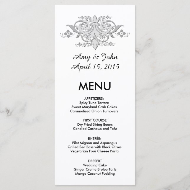 Silver grey damask custom wedding menu damask1 (Front)