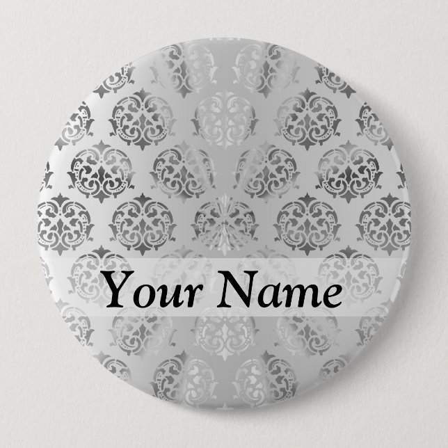 Silver grey damask pattern 10 cm round badge (Front)