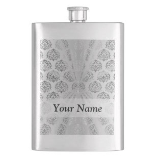 Silver grey damask pattern hip flask