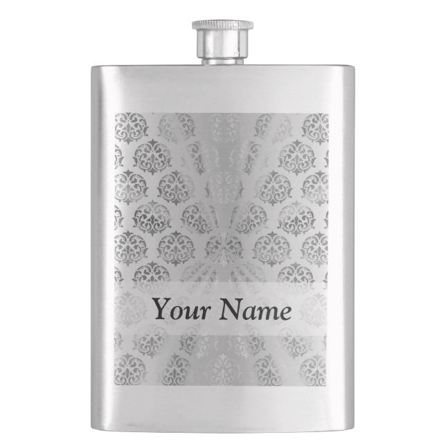 Silver grey damask pattern hip flask (Front)