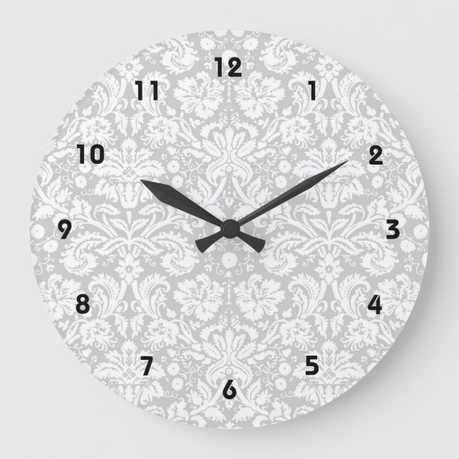 Silver grey damask pattern large clock (Front)