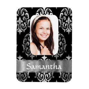 Silver grey damask personalised photo template magnet
