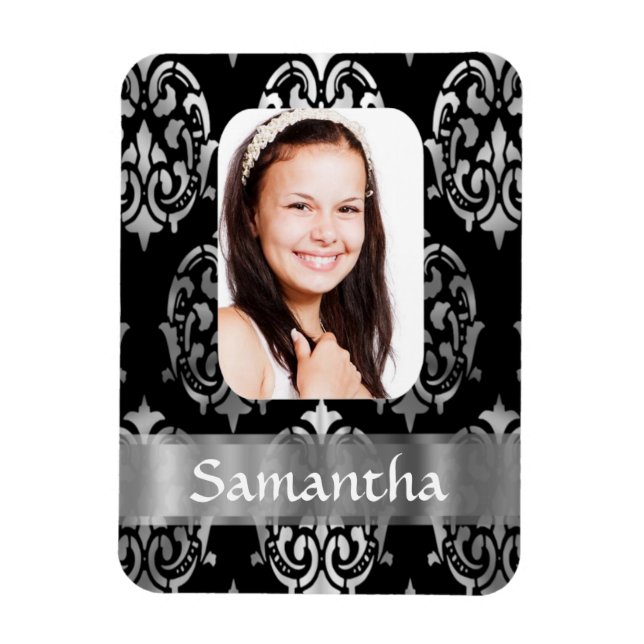 Silver grey damask personalised photo template magnet (Vertical)