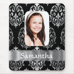 Silver grey damask personalised photo template mouse mat