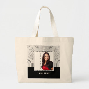 Silver grey damask photo template large tote bag
