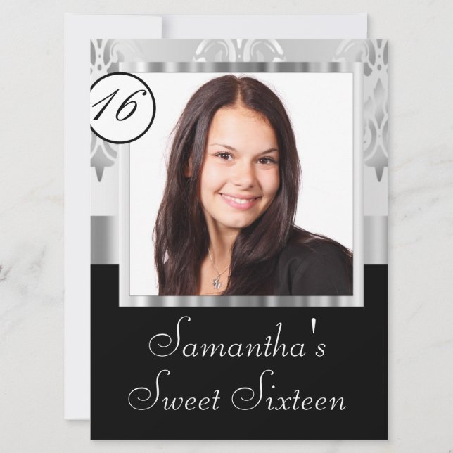 Silver grey damask sweet sixteen invitation (Front)