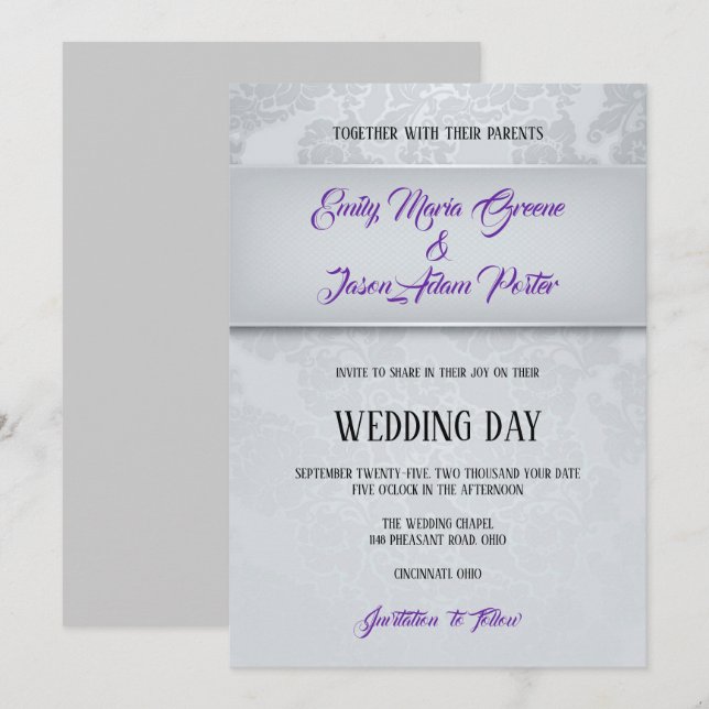 Silver Grey Damask Wedding Invitation (Front/Back)