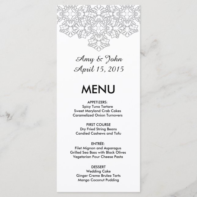 Silver grey damask wedding menu dmask3 (Front)