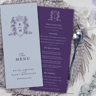 Silver grey dark purple crown monogram wedding menu