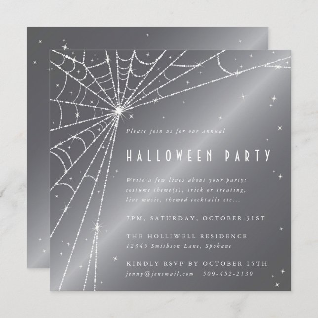 Silver-Grey Diamond Spider Web Halloween Party Invitation (Front/Back)