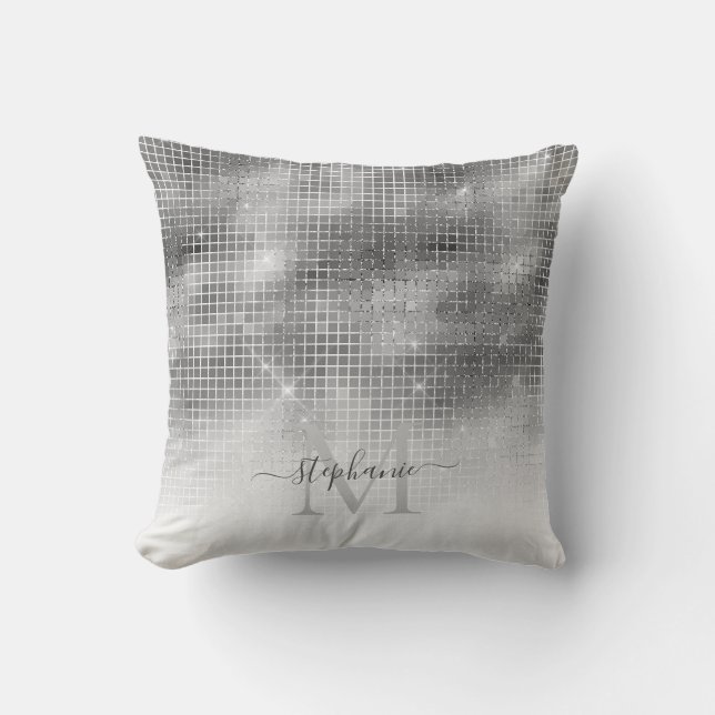 Silver Grey Disco Ball Mosaic Sparkly Monogram Cushion (Front)