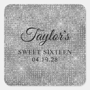 Silver Grey Disco Glitter Sweet Sixteen Square Sticker