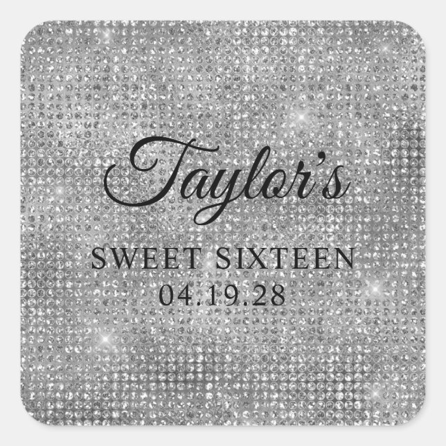 Silver Grey Disco Glitter Sweet Sixteen Square Sticker (Front)