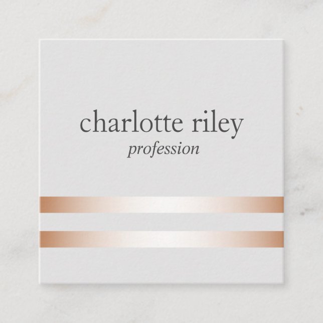 Silver Grey | Double Rose Gold Stripes Stylish  Square Business Card (Front)