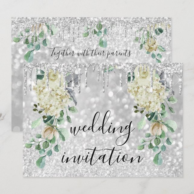 Silver Grey Drips Glitte Floral Mint Green Wedding Invitation (Front/Back)