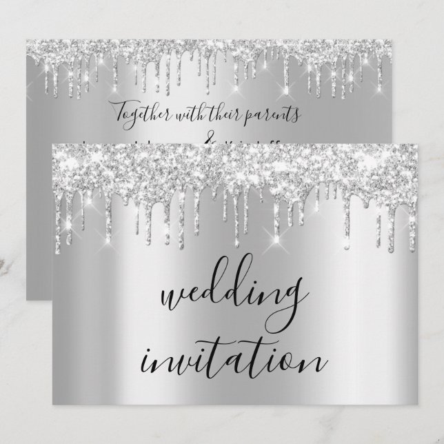 Silver Grey Drips Grey Black Spark Wedding Invitation (Front/Back)