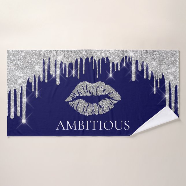 Silver Grey Drips Kiss Lips Name AMBITIOUS Bath Towel (Bath Towel)