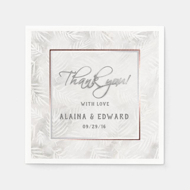 Silver Grey & Dusty Pink Palm Leaves Wedding Napkin (Front)