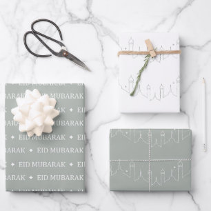 Silver Grey Eid Mubarak Masjid Pattern Design Wrapping Paper Sheet