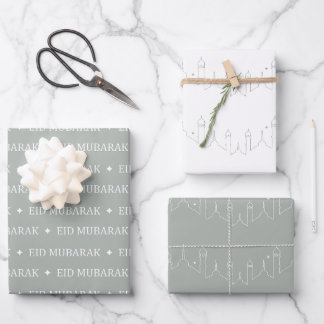 Silver Grey Eid Mubarak Masjid Pattern Design Wrapping Paper Sheet