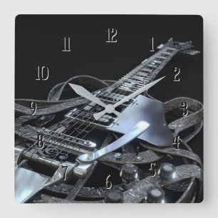 Silver Grey Electric Guitar Square Clock