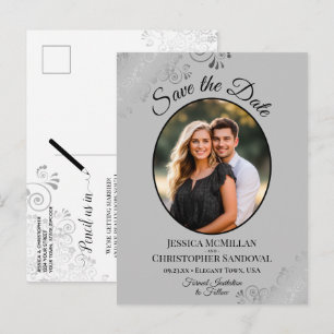 Silver Grey Fancy Wedding Save the Date Oval Photo Announcement Postcard