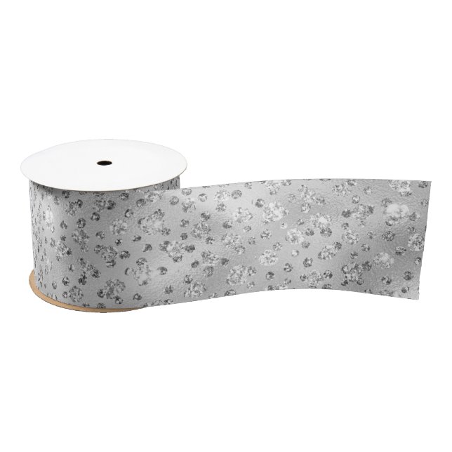 Silver Grey Faux Glitter Cheetah Spots Satin Ribbon (Spool)