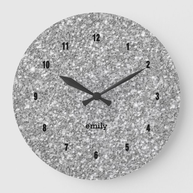 Silver-grey faux glitter large clock (Front)