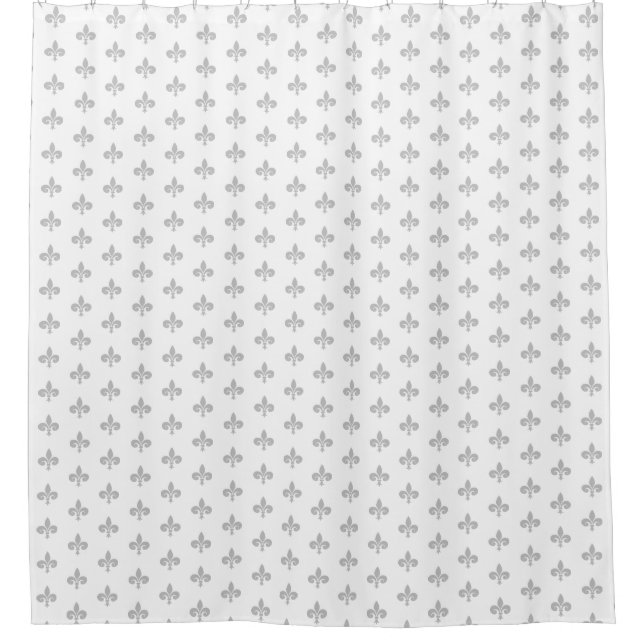 Silver grey fleur de lis, lily flowers on white shower curtain (Front)