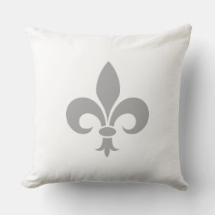 Silver Grey Fleur de Lis on White Cushion