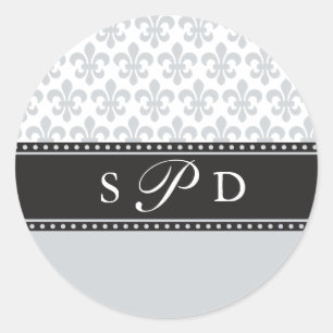 Silver Grey Fleur de lis Wedding Monogram Sticker. Classic Round Sticker