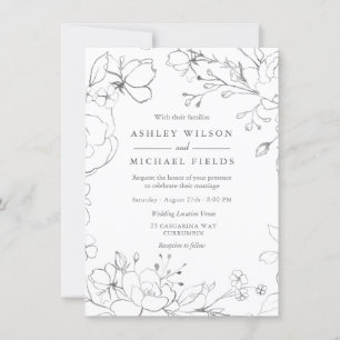 Silver Grey Floral Modern Elegant Wedding Invitation