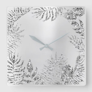 Silver Grey Floral Palm Monochrom Metallic Glitter Square Wall Clock